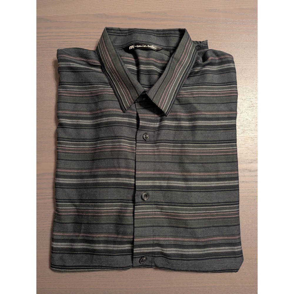 TravisMathew Mens Large Short Sleeve Button Down Shirt Charcoal Grey Striped